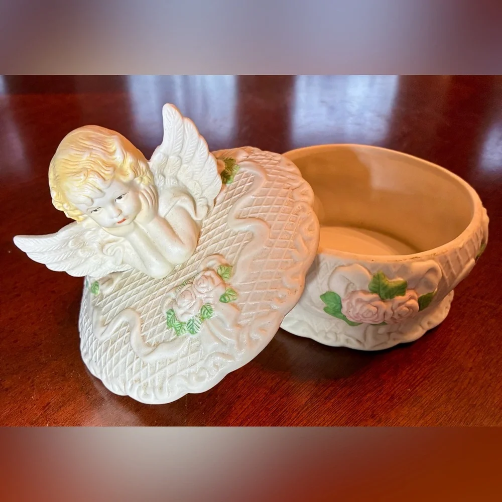 Vintage Cherub Angel Trinket Box | 7” Porcelain Keepsake Jewelry Box